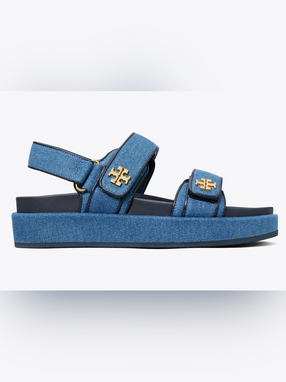 Tory Burch Kids Denim Blue Platform Sandals with Gold Logo - Picture 4 of 6